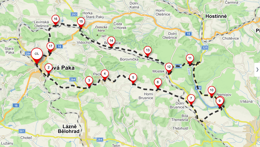 Mapa cyklo výletu Nová Paka - Les Království - Nová Paka